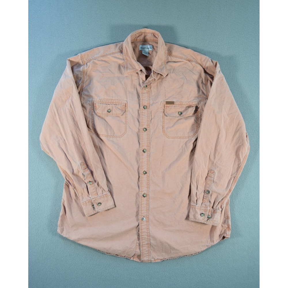 Carhartt Shirt Mens XL Tall Orange Salmon Ripstop Cotton Workwear Button Up